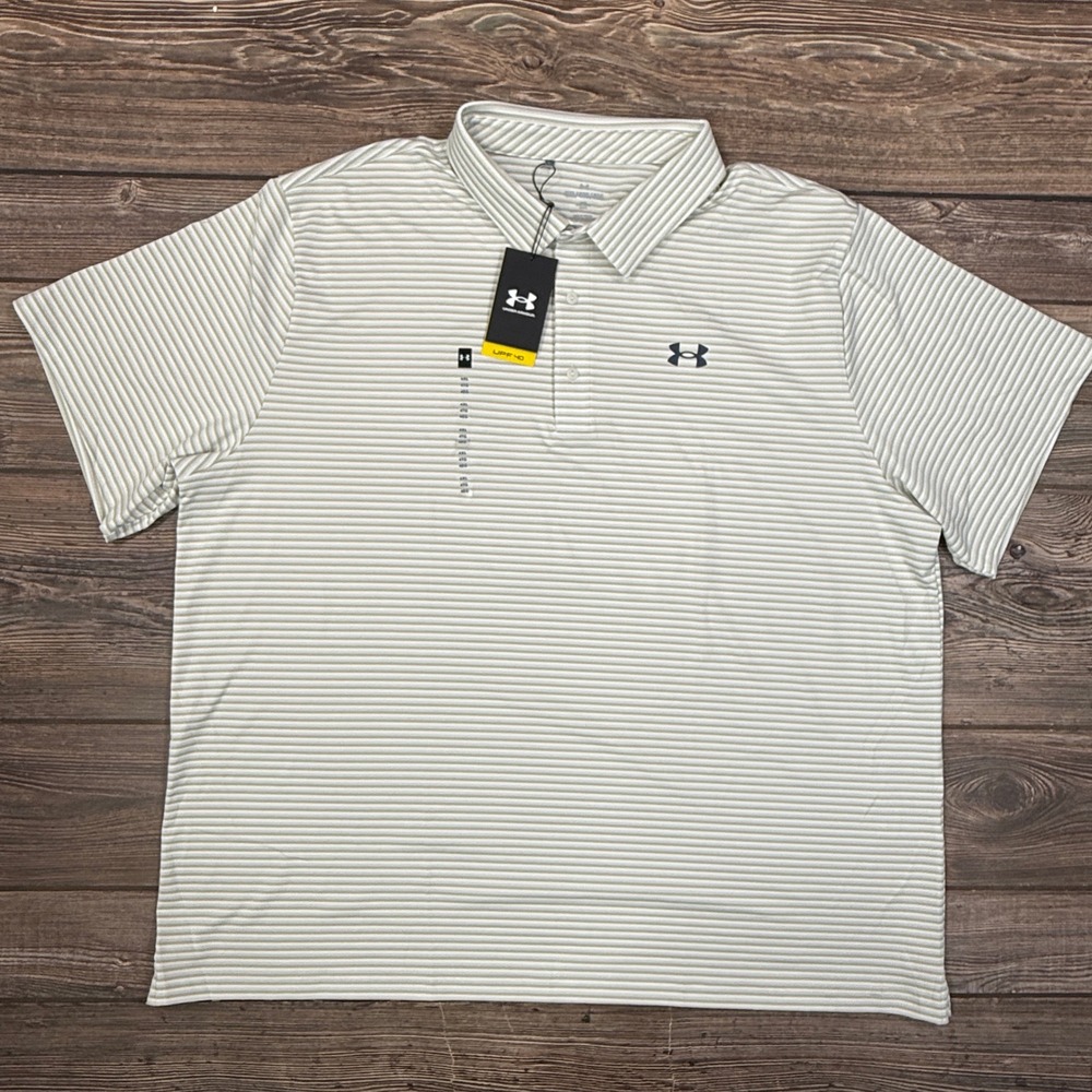 Under Armour Mens Size 4XL Polo Shirt Tan White Playoff 3.0 Stripe UPF 40 New - Picture 2 of 7